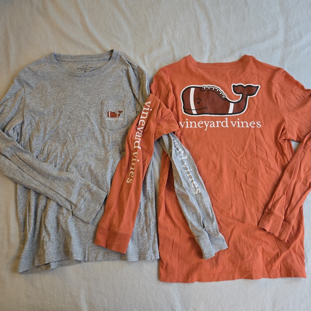 Vineyard Vines Kids Long Sleeve Shirts - Football Whale Fall Gray and Orange
